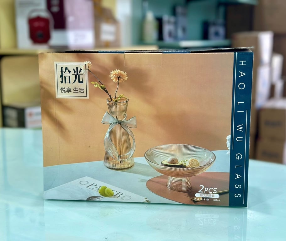 BỘ ĐÔI LỌ HOA + KHAY TRÁI CÂY THỦY TINH