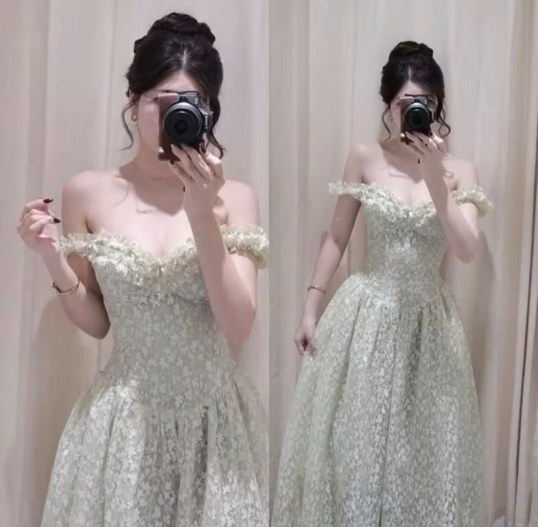 Đầm ren thêu nhũ dáng dài xanh lam