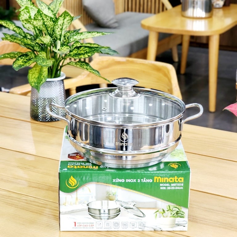 Xửng hấp 3 nấc inox - kèm VUNG KÍNH Minata size 24cm ❤️