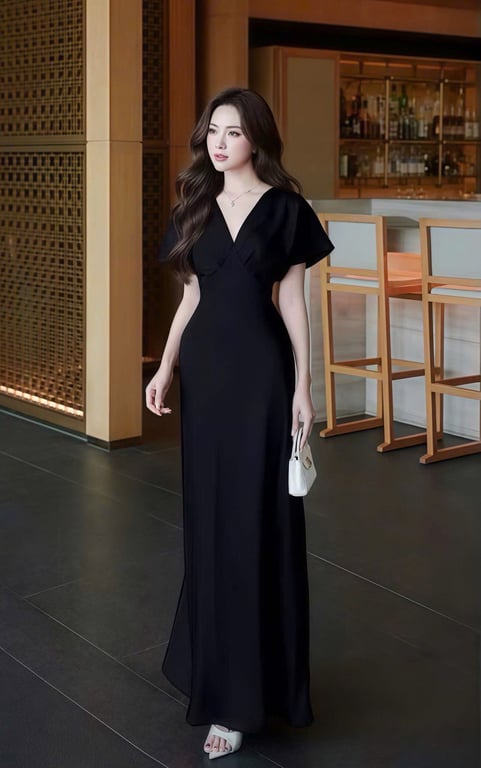 Váy lụa đen hở lưng sz L DT043