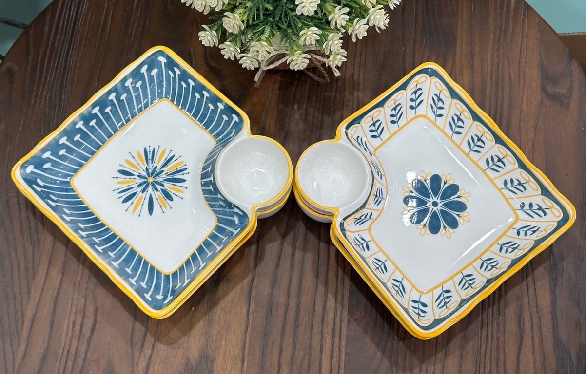 Bộ 4 đĩa kèm bát chấm phong cách retro 18cm