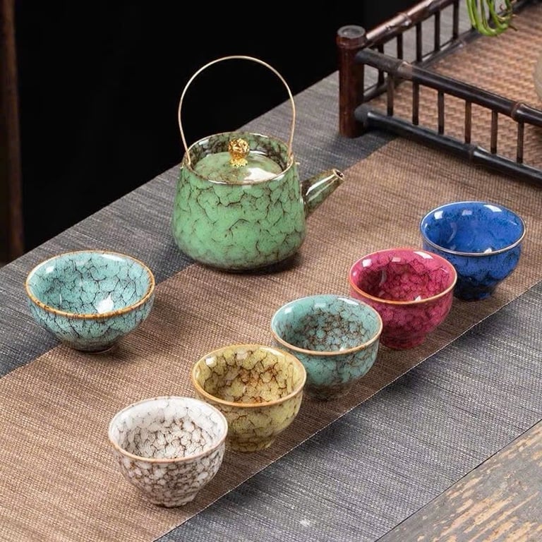 Bộ ấm chén ngũ hành phong thuỷ kèm hộp gỗ .