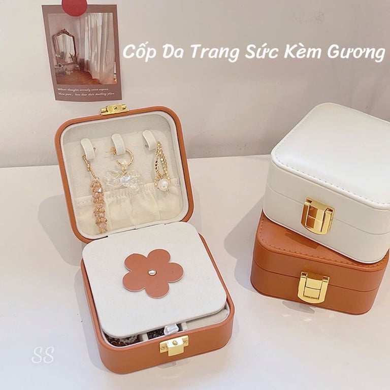 Cốp Hộp Da PU Có Gương , Đựng Đồ Trang Sức