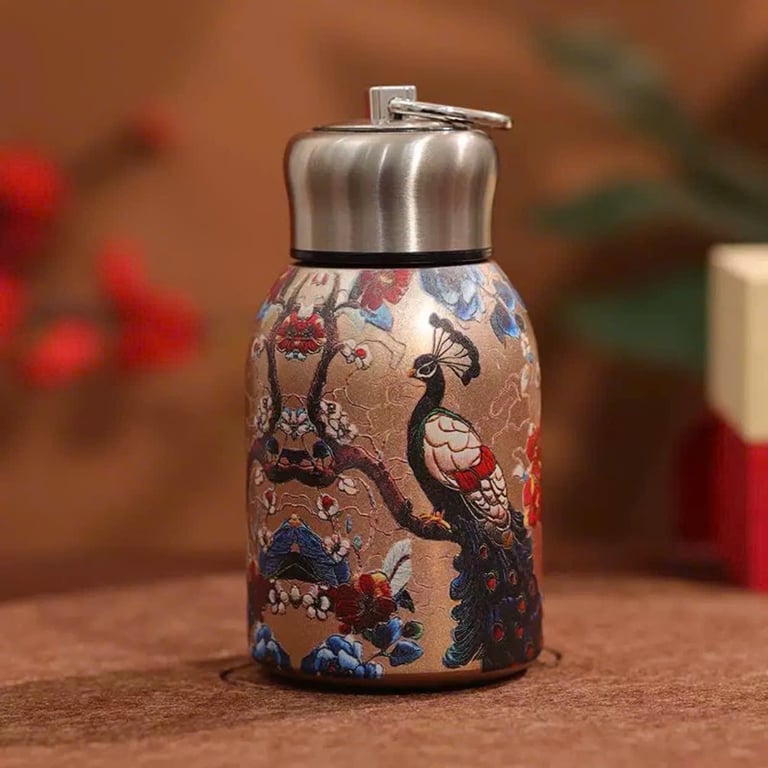BÌNH GIỮ NHIỆT INOX 316 MINI 300ML CÓ QUAI XÁCH HỌA TIẾT HOA VINTAGE