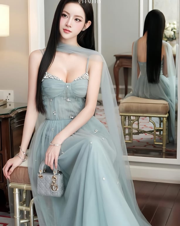 Đầm 2 dây kèm khăn voan xanh dương - DT288