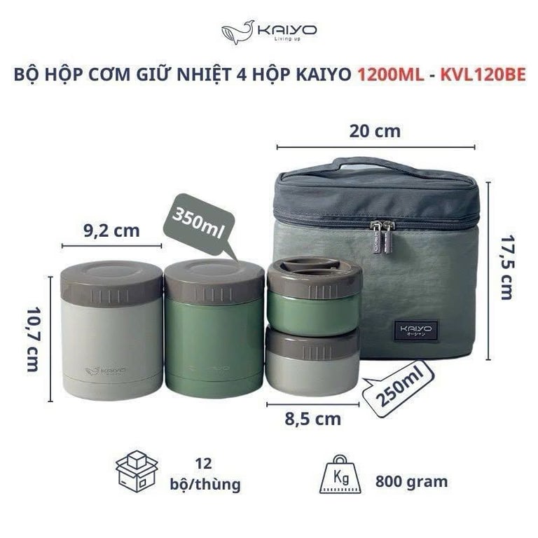 Bộ hộp cơm giữ nhiệt 5 món Kaiyo (4 hộp + 1 túi)