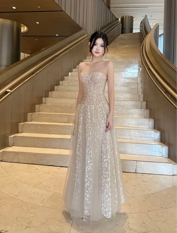 Đầm thiết kế dự tiệc kim sa voan chéo