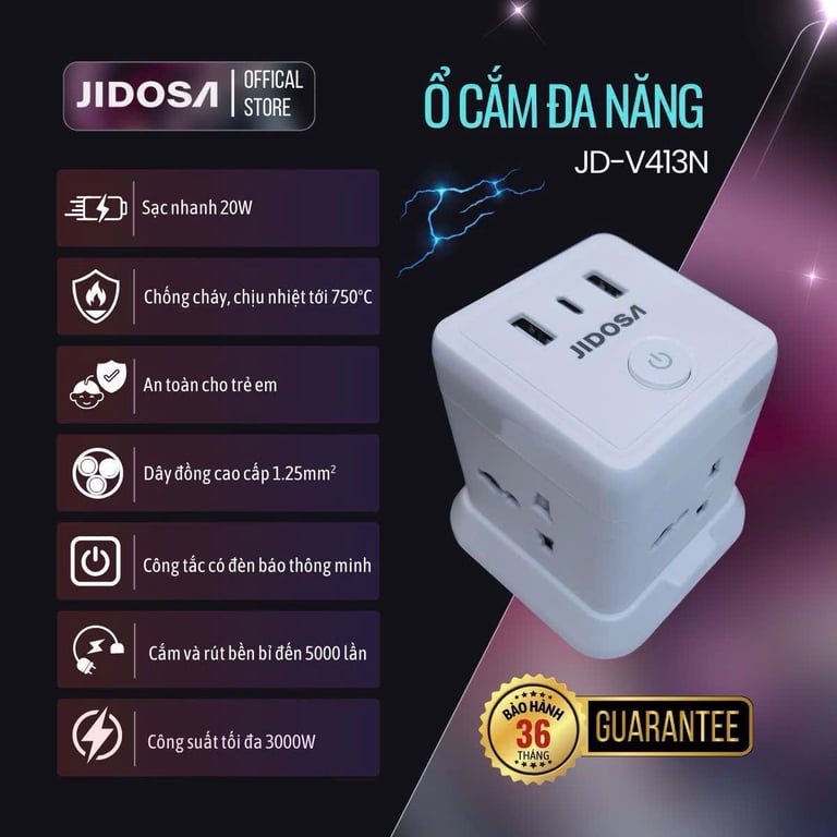 Ổ CẮM ĐIỆN THÁP VUÔNG JIDOSA 3000W  4 cắm, 8 ổ cắm, 12 ổ cắm