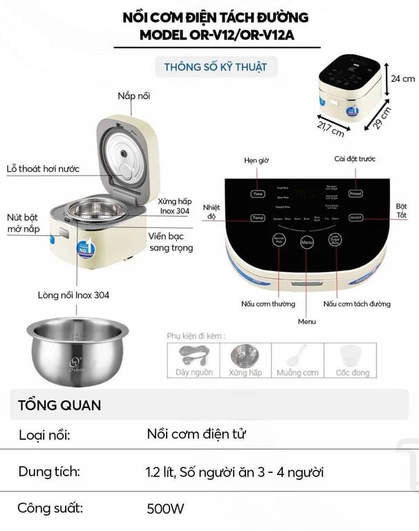 ORV12 - Nồi cơm điện tử tách đường 1.2L 500W Orkin