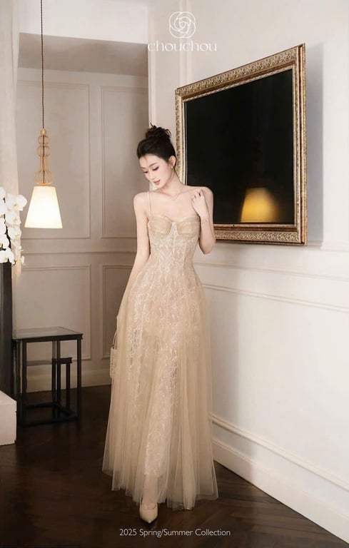 Chouchou - Váy nâu 2 dây ren phối lưới - sz M