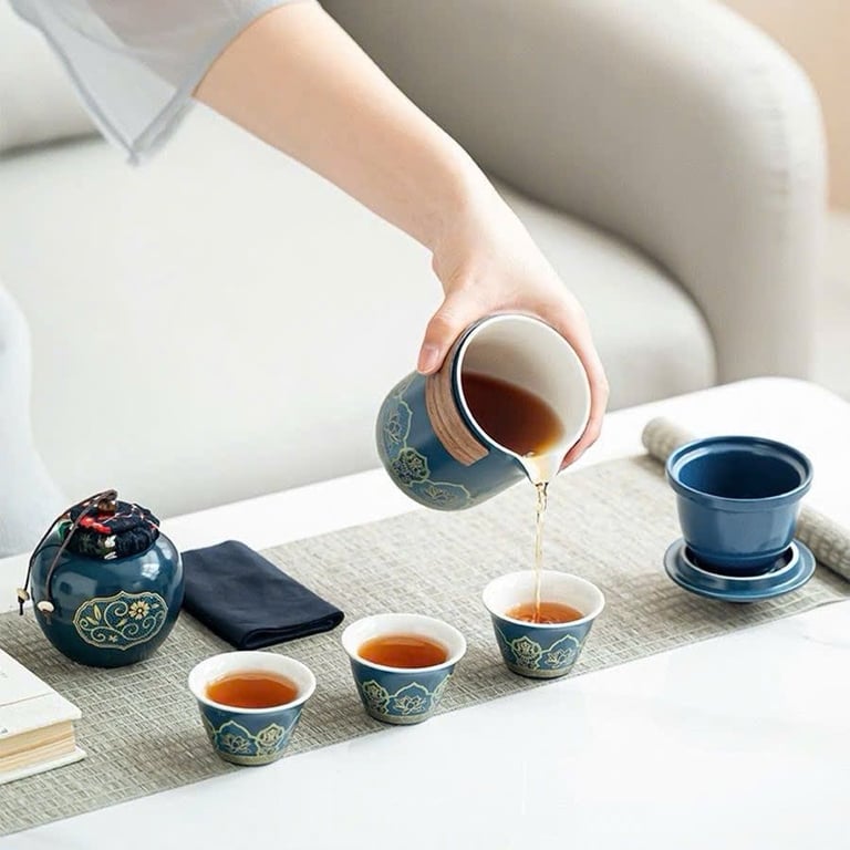 BỘ HỘP TRÀ SỨ KÈM TÚI DA CAO CẤP DẠNG HỘP phong cách Nhật Bản (6 món)