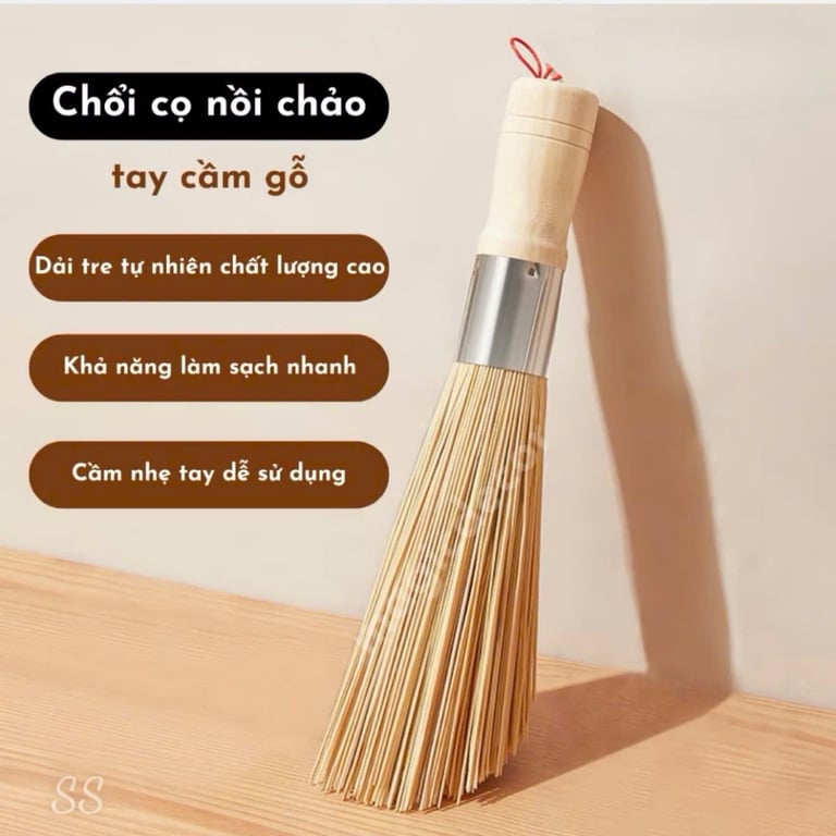 Chổi cọ nồi cọ chảo cán gỗ chổi tre cọ