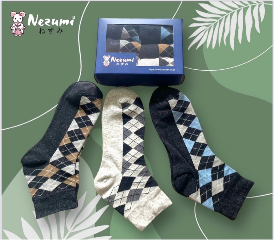 Combo Hộp 6 đôi tất cổ cao mềm mịn, kháng khuẩn có hoạ tiết trám nezumi Nhật Bản