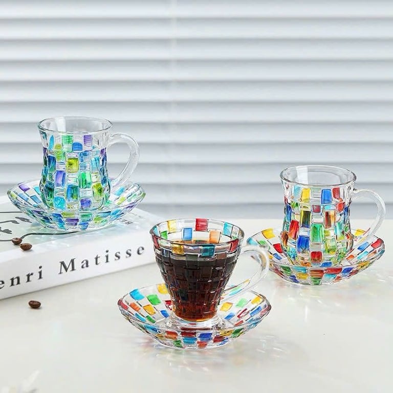 Cốc Thủy Tinh Cầu Vồng Kèm Đĩa Sang Trọng