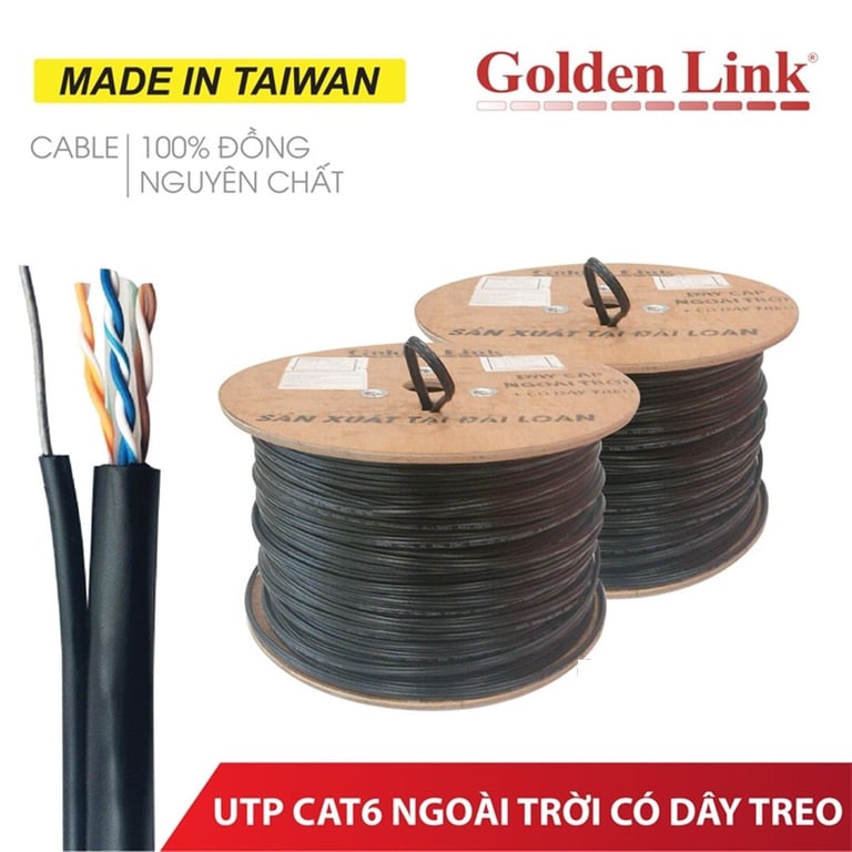 Dây Cáp Mạng Ngoài Trời Có Dây Thép Golden Link 100% Đồng UTP CAT6 23AWG TAIWAN 305m/Cuộn- PE CAT6BC-M