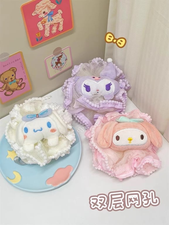 Bông Tắm Tạo Bọt Vải Lưới Hình Thú Nhồi Bông Kuromi - Melody - Cinnamoroll - Pochacco Bông Tắm Tẩy Tế Bào Chết