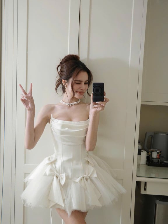 Váy cúp corset trắng nơ siêu bồng - sz S