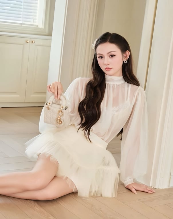Set 3 món váy ren phồng phối áo bra ren trắng