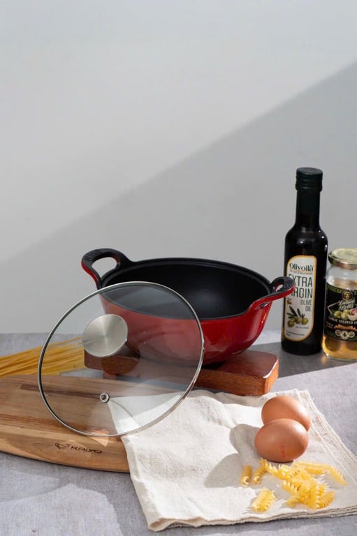 Chảo gang OCENO sâu lòng kèm vung kính (màu đỏ, màu xanh)sz 20-25cm