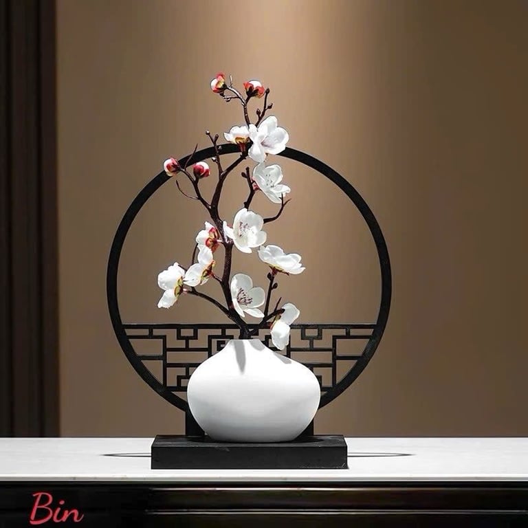 Bộ Bình Hoa Gốm Cao Cấp Kèm Bình Phong Cổ Trang Decor Tết 2025