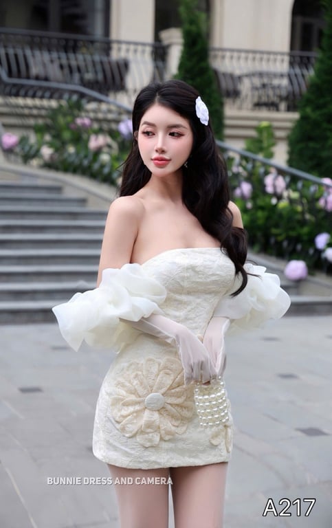 A217- váy body hoa kèm găng tay bồng