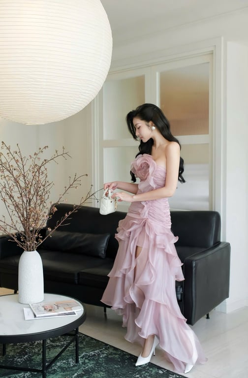 Đầm dài cúp ngực voan tầng hồng - DT245