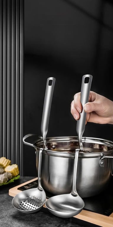 SET 3 MUÔI INOX 304 gồm MUÔI MÚC CANH , MUÔI TÁCH DẦU và MUÔI THỦNG VỚT RAU CỦ QUẢ