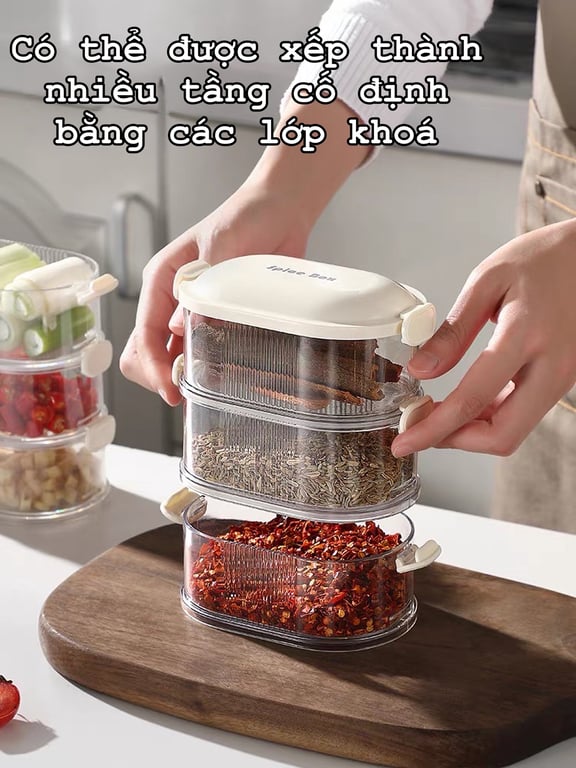 Hộp Đựng Bảo Quản Gia Vị Thực Phẩm 3 Tầng Có Nắp Nhà Bếp