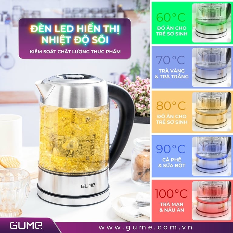 ẤM SIÊU TỐC GUME THUỶ TINH KÈM LÕI LỌC GMEK2201 1.7L