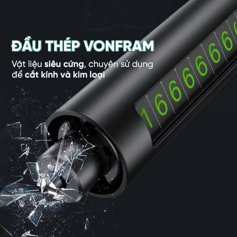 Búa thoát hiểm ô tô, bảng số điện thoại ô tô 4in1 kiêm đèn pin và dao cắt.