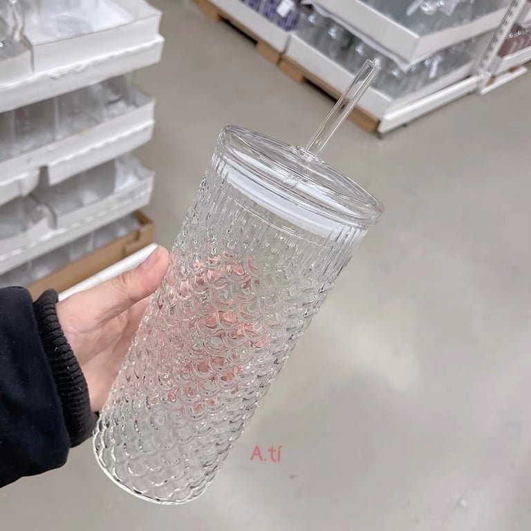 Ly thủy tinh có nắp kèm ống hút phiên bản vảy cá 650ml