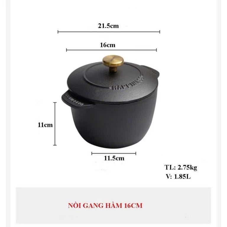 NỒI GANG ĐÚC NGUYÊN KHỐI CHỐNG DÍNH size 16-22cm