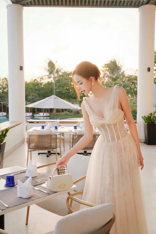 Đầm ren lưới xoắn ngực