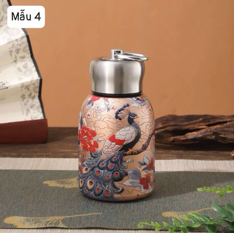 BÌNH GIỮ NHIỆT INOX 316 MINI 300ML CÓ QUAI XÁCH HỌA TIẾT HOA VINTAGE