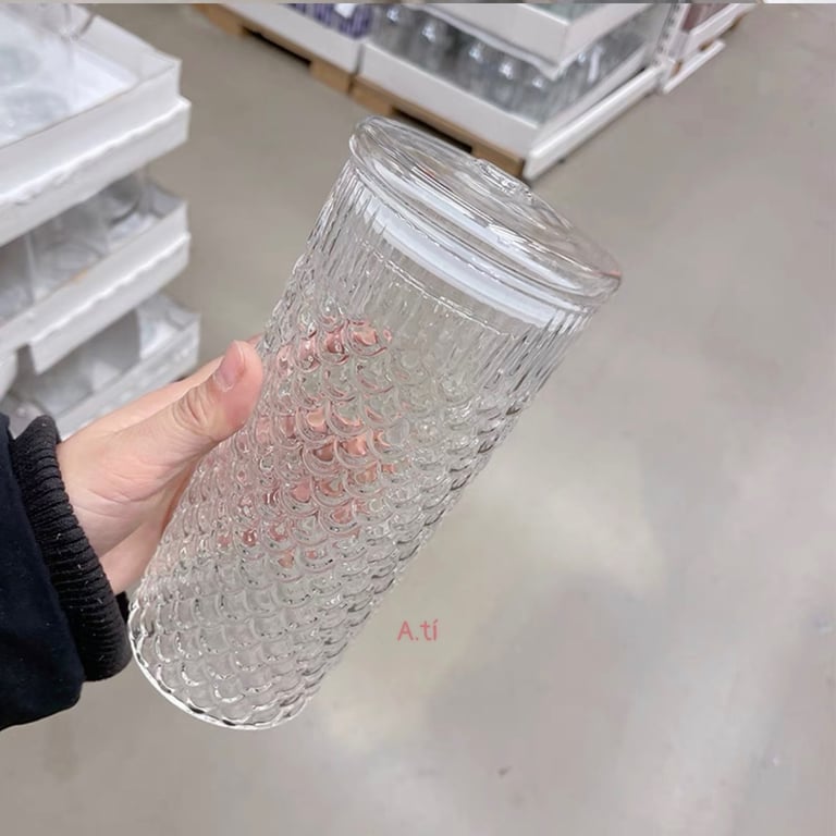 Ly thủy tinh có nắp kèm ống hút phiên bản vảy cá 650ml