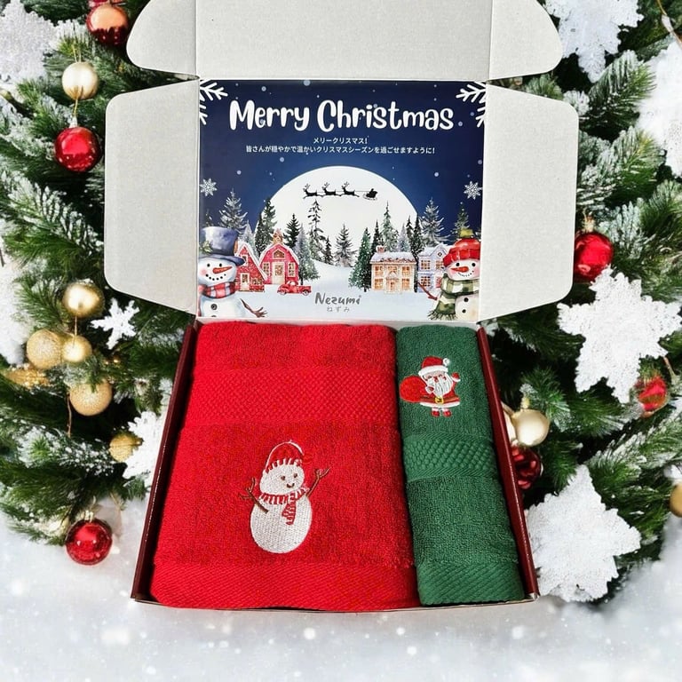 Set khăn tắm, khăn lau đầu Nezumi thêu hình Noel
