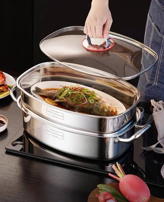 RK718 - NỒI HẤP CÁ 2 TẦNG INOX 304