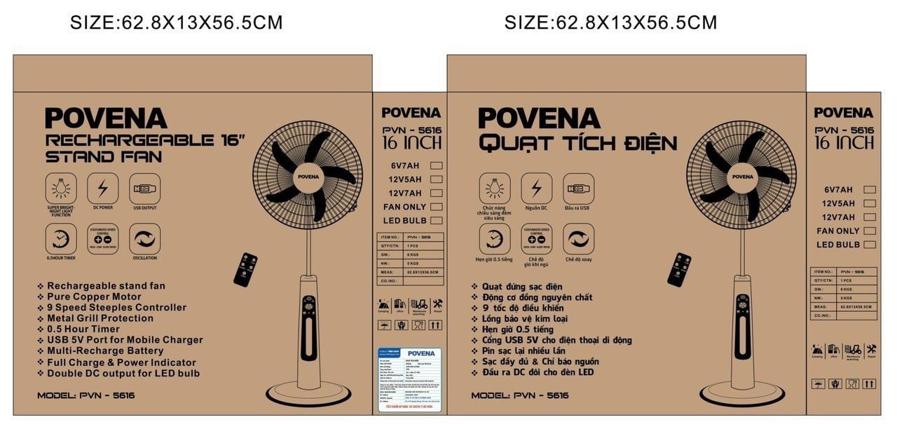 Quạt tích điện Povena PVN-5616