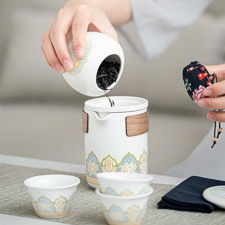 BỘ HỘP TRÀ SỨ KÈM TÚI DA CAO CẤP DẠNG HỘP phong cách Nhật Bản (6 món)