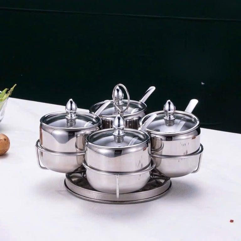 SET HŨ GIA VỊ INOX NẮP KÍNH KÈM KỆ