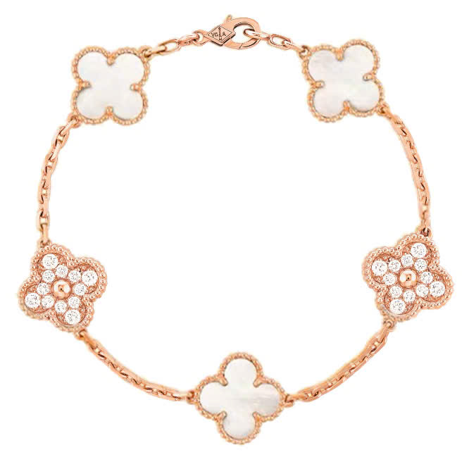 Lắc Vintage Alhambra bracelet 5 motifs Van Cleef & Arpels (Xà cừ trắng phối kim cương)