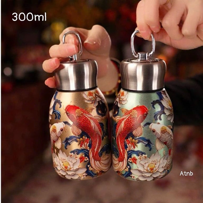 BÌNH GIỮ NHIỆT INOX 316 MINI 300ML CÓ QUAI XÁCH HỌA TIẾT HOA VINTAGE