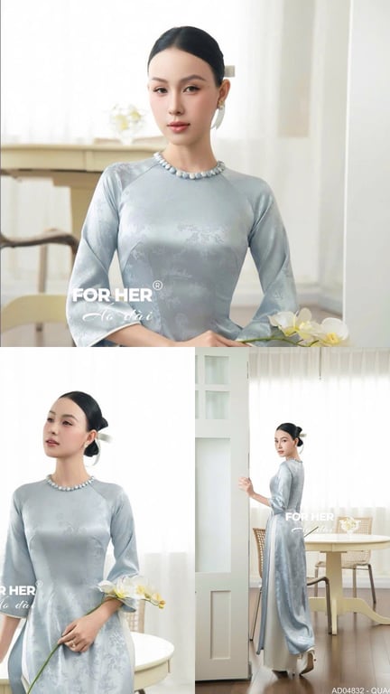 Áo dài xanh dương cổ đính vòng nút - AD052