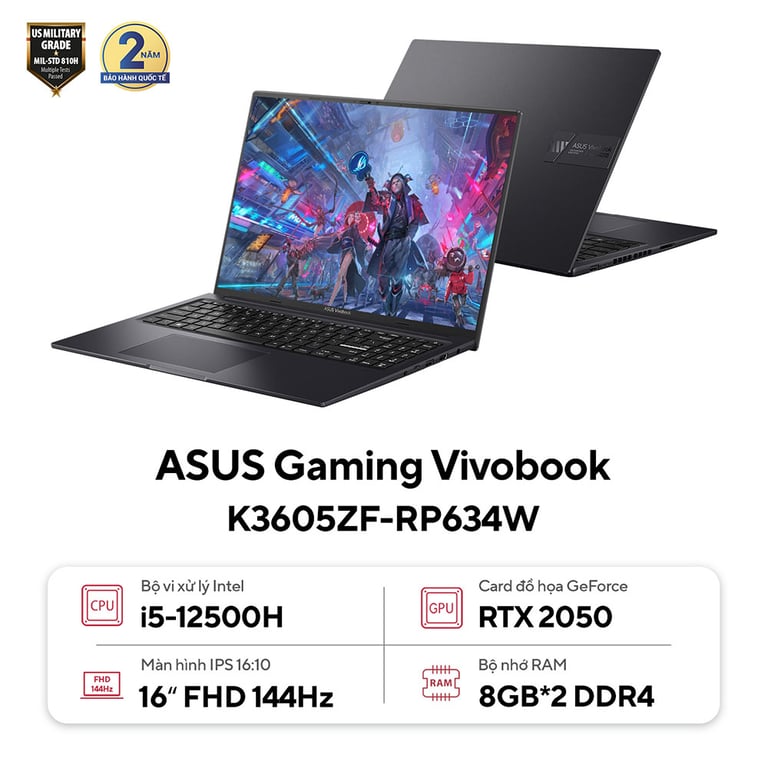 Laptop ASUS Gaming Vivobook K3605ZF-RP634W (i5-12500H/ RTX 2050 4GB/ RAM 16GB DDR4/ SSD 512GB/ 16 Inch IPS WUXGA 144Hz/ Win 11)