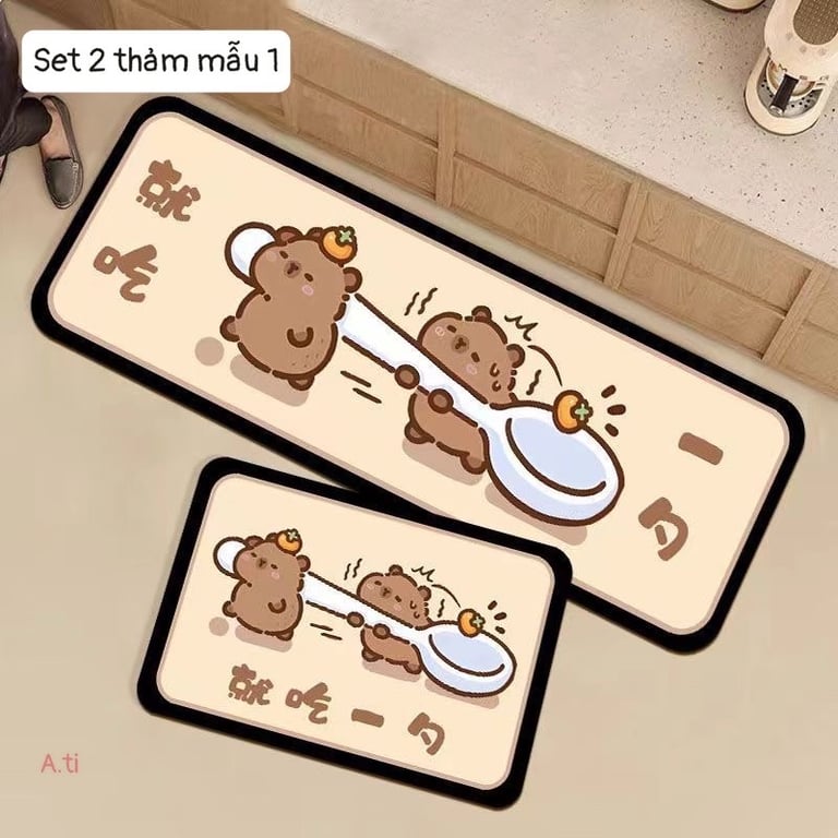 SET 2 THẢM NHÀ BẾP HOẠ TIẾT CHUỘT CAPY BARA CUTE XỈU