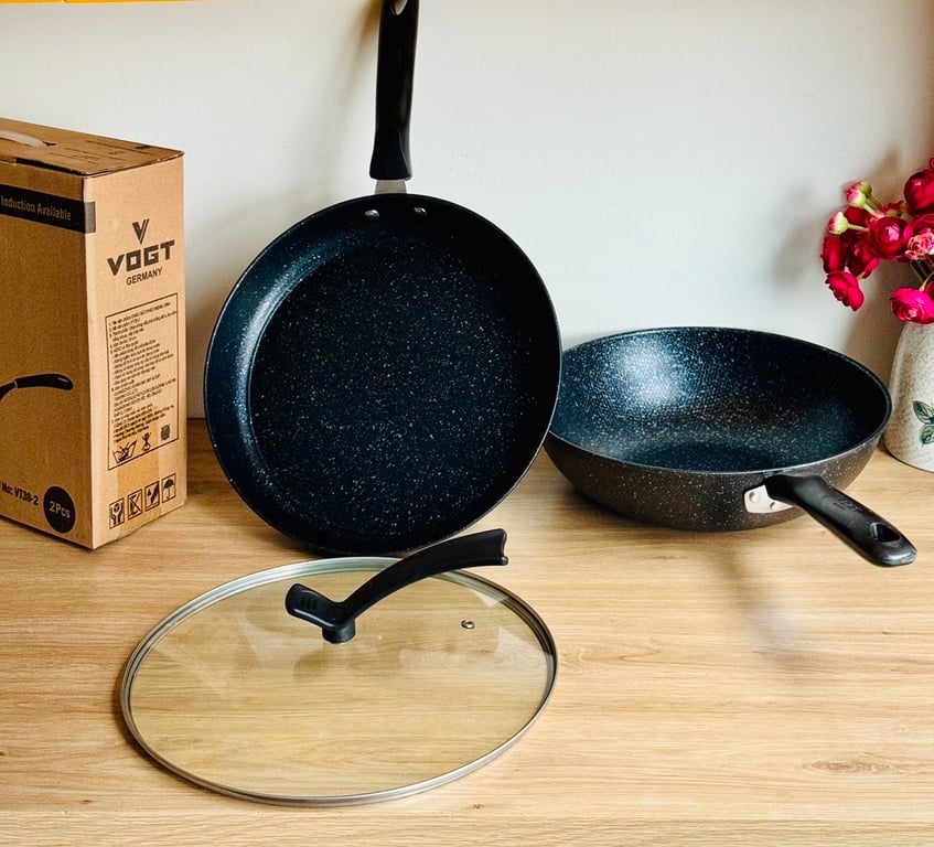 SET 2 CHẢO CHỐNG DÍNH ĐÁY TỪ NẮP THUỶ TINH - CÔNG NGHỆ ĐỨC VT30