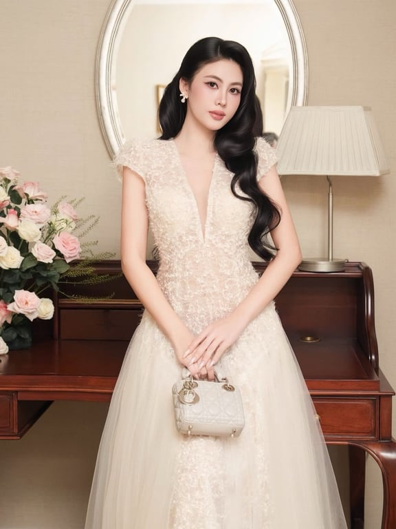 Đầm cổ V ren bông tay phồng