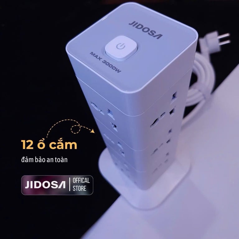Ổ CẮM ĐIỆN THÁP VUÔNG JIDOSA 3000W  4 cắm, 8 ổ cắm, 12 ổ cắm