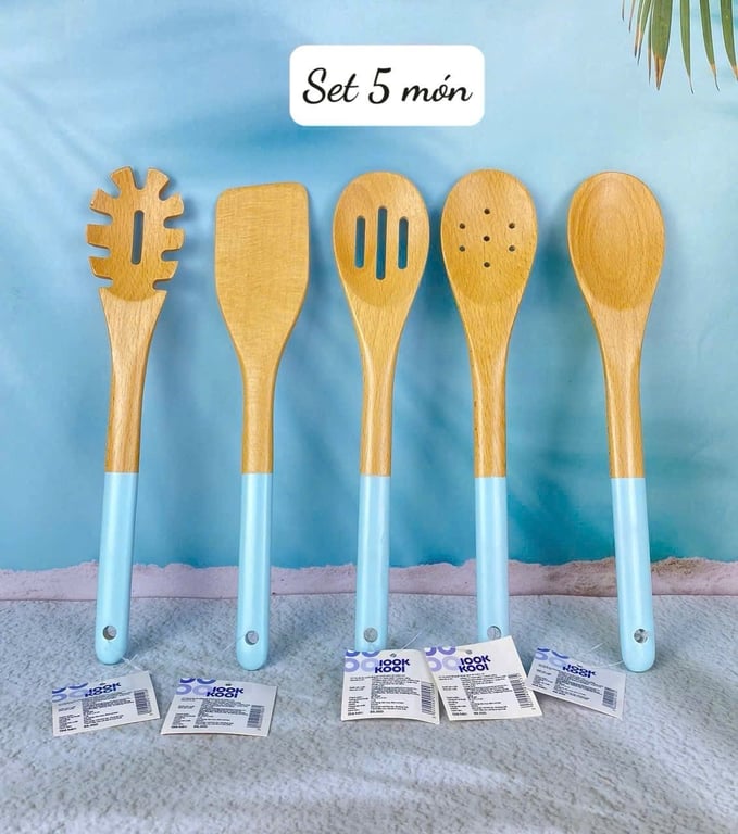 Set 4; 5 món dụng cụ nấu ăn bằng gỗ hàng siêu thị Nhật