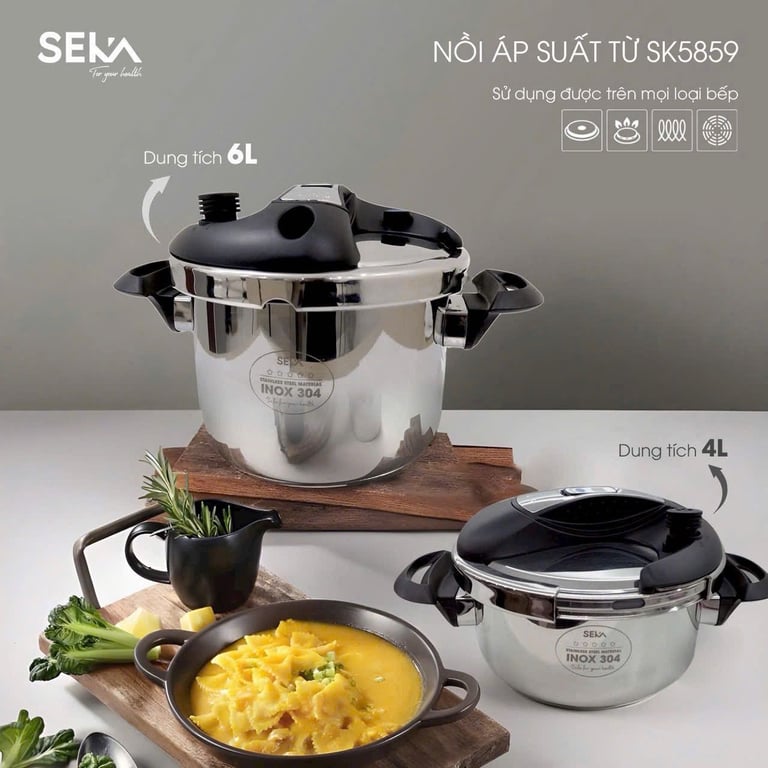 NỒI ÁP SUẤT ĐÁY TỪ SEKA 5859- Van kép 3 cấp an toàn 🔰 TẶNG KÈM VUNG KÍNH 4L & 6 L